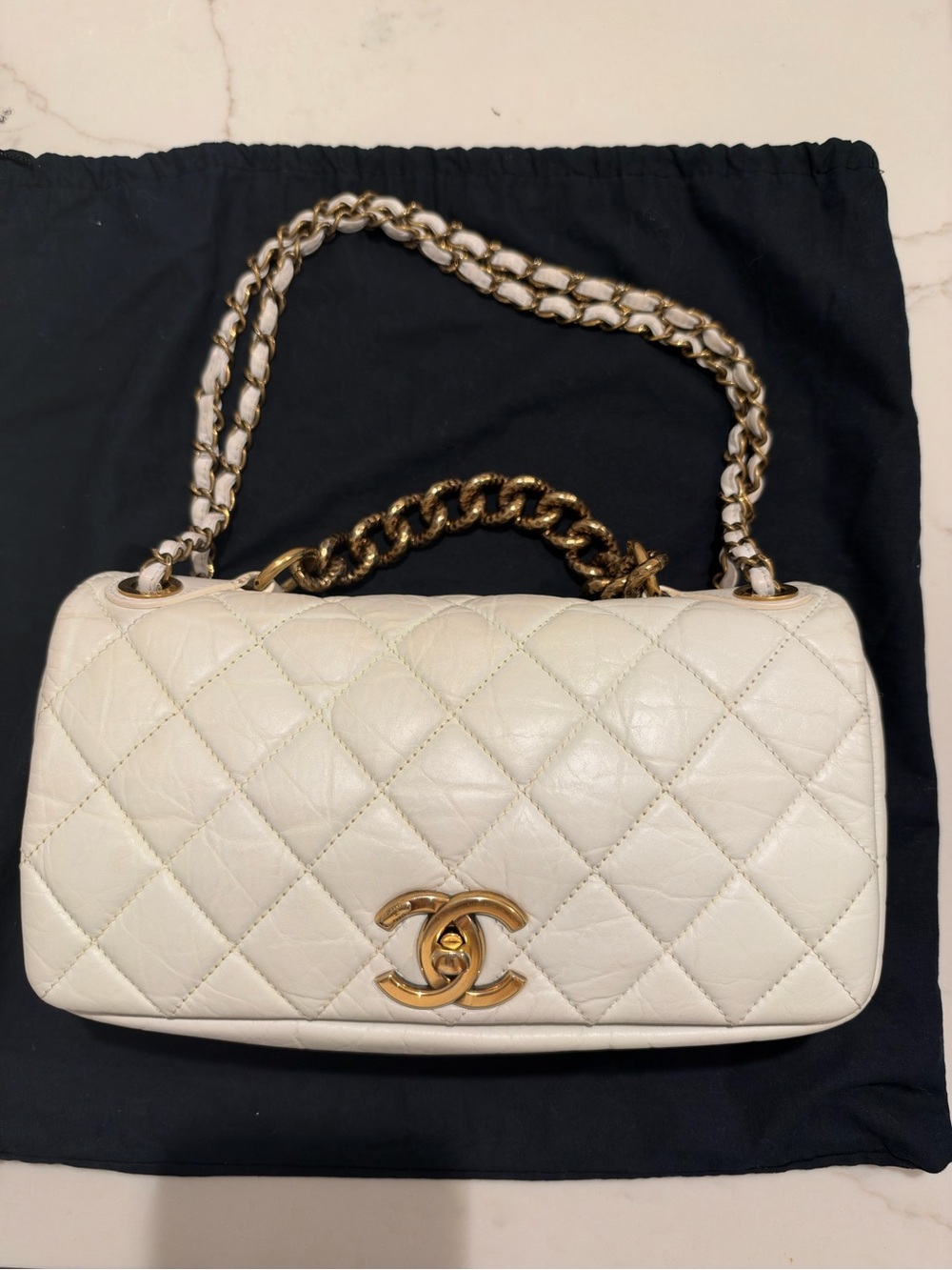 CHANEL Quilted Shoulder Bag in White with Gold Hardware